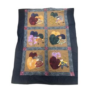 Vintage Handmade Boy/Girl Heart Applique Quilt Wall Decor Throw Blanket country
